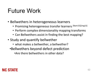 Future Work
• Bellwethers in heterogeneous learners
• Promising heterogeneous transfer learners [Nam15][Jing15]
• Perform complex dimensionality mapping transforms
• Can Bellwethers assist in finding the best mapping?
• Study and quantify bellwether
• what makes a bellwether, a bellwether?
•Bellwethers beyond defect prediction
•Are there bellwethers in other data?
62
 