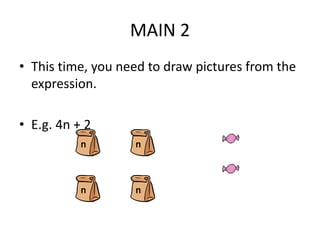 • This time, you need to draw pictures from the
expression.
• E.g. 4n + 2
MAIN 2
n
n n
n
 