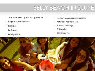 QUE INCLUYE BELLY BEACH PLUS
Upgrade en cada uno de los buffet y en la carta de estos. Estos son
ilimitados en los horarios propuestos.
El grill de playa incluye Pizzas, Hamburguesas, Hot Dogs, Choclos
con Mantequilla, etc.
Se agrega desayuno buffet para el día domingo.
Desarrollamos la“Super Belly Burger” una hamburguesa de 185
gramos con nachos cheddar para el bajón.
 