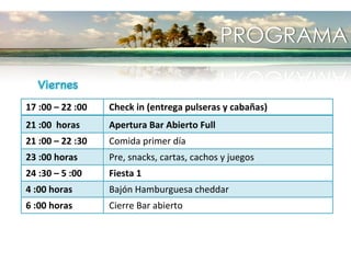 DÍA 1: BOX DE SUPERVIVENCIA
En cada cabaña encontrarás un box de supervivencia el que
contiene todo lo necesario para sobrevivir a las 60 horas de
Belly beach y te servira para tener un excelente fin de
semana. Entre otras cosas, el Manual del Usuario, que te
servirá para enterarte de todo el programa de nuestro beach
club y tu experiencia sea increíble. Además de muchos
regalos de nuestros auspiciadores.
 