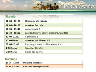 Comenzamos a vivir nuestra primera noche con una previa
muy dominicana. Muchas combinaciones de Candela
Mamajuana te deleitarán y poco a poco te harán ir tomando
onda en este increíble finde.
Desde las 21:00 se suma Pisco Mistral.
DÍA 1: PREVIA CANDELA
19:30 A 23:00
BELLYBEACH
 