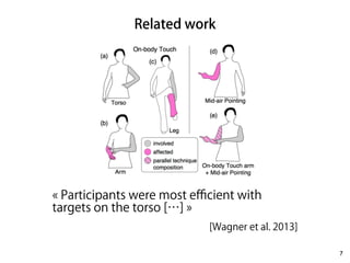 Related work 
7 
« Participants were most efficient with 
targets on the torso […] » 
[Wagner et al. 2013] 
 