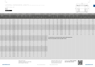 196 197
www.belman.comwww.belman.com
LA
B
c
Lo
B
l*
Lo
s
D
B022016-1 – Subject to alterations and eventual misprintsB022016-1 – Subject to alterations and eventual misprints
LATERAL EXPANSION JOINTS WITH WELDING ENDS AND TIE RODS
LA2ST / ID no. 87
PN 25
Weblink: 13207
MOVEMENT LENGTH ID no. WEIGHT
LA
2λN
mm
Built-in
length
Lo
mm
ADJUSTING FORCESWELDING ENDS
Outside
diameter
D
mm kg
Wall
thickness
s
mm
Max. width
approx.
B
mm
Cp
N/mm bar
Cλ
N/mm
Cr
N/bar
WIDTH BELLOW
Centre
distance
l*
mm
Design code: EN 14917
Temperature: Calculated at 20°C (EN 1333)
Minimum fatigue life: 1000 cycles
DN
Nominal
diameter
MOVEMENT LENGTH ID no.
LA
2λN
mm
Built-in
length
Lo
mm
ADJUSTING FORCESWELDING ENDS
Outside
diameter
D
mm
Wall
thickness
s
mm
Max. width
approx.
B
mm
Cp
N/mm bar
Cλ
N/mm
Cr
N/bar
WIDTH BELLOW
Centre
distance
l*
mm
Please refer to WebLink 13207 or the
QR code to access online tools and
online inquiry/order form and more
information about: Primer, connection
ends, inner sleeve, cover etc.
For larger dimensions, we recommend to install a hinged or gimbal expansion joint.
Please refer to type LA2SH / ID no 88 or type LA2SK / ID no 89
DN
Nominal
diameter
WEIGHT
kg
	50	 50	 510	 87.257.10	 145	 60,3	 4	 215	 8,7	 0	 3,2	 5,5
	50	 101	 700	 87.257.20	 145	 60,3	 4	 405	 2,5	 0	 2,3	 6,8
	50	 150	 880	 87.257.30	 145	 60,3	 4	 585	 1,2	 0	 1,8	 8,2
	50	 200	 1060	 87.257.40	 145	 60,3	 4	 765	 0,7	 0	 1,5	 9,6
	65	 52	 520	 87.258.10	 155	 76,1	 4	 225	 12	 0	 5	 6,0
	65	 101	 695	 87.258.20	 155	 76,1	 4	 362	 4,6	 0	 3,7	 6,9
	65	 150	 845	 87.258.30	 155	 76,1	 4	 512	 2,4	 0	 3	 8,4
	65	 200	 995	 87.258.40	 155	 76,1	 4	 662	 1,4	 0	 2,5	 9,7
	80	 50	 505	 87.259.10	 185	 88,9	 4	 212	 22	 0	 8,9	 8,2
	80	 100	 685	 87.259.20	 185	 88,9	 4	 392	 6,4	 0	 6,2	 9,9
	80	 151	 875	 87.259.30	 185	 88,9	 4	 582	 3	 0	 4,8	 11,9
	80	 202	 1085	 87.259.40	 185	 88,9	 4	 792	 1,7	 0	 3,8	 14,0
	100	 50	 645	 87.260.10	 235	 114,3	 4	 323	 23	 0	 14	 14,7
	100	 99	 925	 87.260.20	 235	 114,3	 4	 603	 6,6	 0	 9,1	 18,8
	100	 150	 1205	 87.260.30	 235	 114,3	 4	 883	 3,1	 0	 6,9	 22,6
	100	 200	 1485	 87.260.40	 235	 114,3	 4	 1163	 1,8	 0	 5,6	 26,7
	125	 51	 640	 87.261.10	 260	 139,7	 4	 305	 38	 0	 20	 29,2
	125	 101	 900	 87.261.20	 260	 139,7	 4	 565	 12	 0	 14	 33,9
	125	 151	 1160	 87.261.30	 260	 139,7	 4	 825	 5,3	 0	 11	 38,8
	125	 200	 1410	 87.261.40	 260	 139,7	 4	 1075	 3,1	 0	 8,6	 43,4
	150	 49	 710	87.262.10	310	168,3	4,5	325	87	 0	 31	46,0
	150	100	 990	87.262.20	310	168,3	4,5	605	25	 0	 22	53,2
	150	149	1260	87.262.30	310	168,3	4,5	875	12	 0	 17	60,2
	150	 201	 1540	 87.262.40	 310	 168,3	 4,5	 1155	 6,9	 0	 14	 67,4
	200	 50	 705	87.264.10	360	219,1	6,3	257	135	 0	 56	63,7
	200	101	 915	87.264.20	360	219,1	6,3	467	44	 0	 42	72,1
	200	150	1105	87.264.30	360	219,1	6,3	657	23	 0	 35	79,9
	200	200	1295	87.264.40	360	219,1	6,3	847	14	 0	 30	87,7
	250	 50	 690	87.265.10	415	273	 7,1	310	87	 0	 82	80,0
	250	100	 950	87.265.20	415	273	 7,1	570	26	 0	 59	94,6
	250	 150	 1260	 87.265.30	 415	 273	 7,1	 880	 12	 0	 44	 113
	250	 199	 1570	 87.265.40	 415	 273	 7,1	 1190	 6,4	 0	 35	 130
	300	 50	 930	 87.266.10	 485	 323,9	 8	 315	 278	 0	 102	 151
	300	 99	 1180	 87.266.20	 485	 323,9	 8	 565	 96	 0	 80	 170
	300	 151	 1420	 87.266.30	 485	 323,9	 8	 805	 48	 0	 66	 188
	300	200	1640	87.266.40	485	323,9	8	1025	30	 0	 57	205
	350	 51	 845	 87.267.10	 530	 355,6	 8	 358	 114	 0	 127	 152
	350	 100	 1135	 87.267.20	 530	 355,6	 8	 647	 35	 0	 94	 176
	350	 150	 1445	 87.267.30	 530	 355,6	 8	 957	 17	 0	 74	 202
	350	200	1785	87.267.40	530	355,6	8	1297	9,2	 0	 59	230
 
