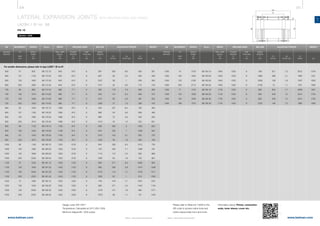 206 207
www.belman.comwww.belman.com
LA
Lo
B
d1
B
c
Lo
c
c
BB
l*
Lo
Lo
s
l*
Lo
B
s
s
B
l*
Lo
l*
D
DD
B022016-1 – Subject to alterations and eventual misprintsB022016-1 – Subject to alterations and eventual misprints
LATERAL EXPANSION JOINTS WITH WELDING ENDS AND HINGES
LA2SH / ID no. 88
PN 10
Weblink: 13208
MOVEMENT LENGTH ID no. WEIGHT
LA
2λN
mm
Built-in
length
Lo
mm
ADJUSTING FORCESWELDING ENDS
Outside
diameter
D
mm kg
Max. width
approx.
B
mm
WIDTH
Cr
N/bar
Cλ
N/mm
Cp
N/mm bar
Wall
thickness
s
mm
BELLOW
Centre
distance
l*
mm
Design code: EN 14917
Temperature: Calculated at 20°C (EN 1333)
Minimum fatigue life: 1000 cycles
For smaller dimensions, please refer to type LA2ST / ID no 87
DN
Nominal
diameter
MOVEMENT LENGTH ID no.
LA
2λN
mm
Built-in
length
Lo
mm
ADJUSTING FORCESWELDING ENDS
Outside
diameter
D
mm
Max. width
approx.
B
mm
WIDTH
Cr
N/bar
Cλ
N/mm
Cp
N/mm bar
Wall
thickness
s
mm
BELLOW
Centre
distance
l*
mm
Please refer to WebLink 13208 or the
QR code to access online tools and
online inquiry/order form and more
information about: Primer, connection
ends, inner sleeve, cover etc.
DN
Nominal
diameter
WEIGHT
kg
	600	 57	 825	 88.172.10	 845	 610	 8	 397	 263	 6,6	 595	 261
	600	101	1125	88.172.20	845	610	 8	 697	 85	2,2	 339	309
	600	150	1465	88.172.30	845	610	 8	 1037	 39	 1	 228	363
	600	200	1805	88.172.40	845	610	 8	 1377	 22	0,6	 172	416
	700	 90	 960	 88.174.10	 980	 711	 8	 490	 179	 7,8	 656	 365
	700	100	1010	88.174.20	980	711	 8	 540	 147	6,4	 595	375
	700	150	1280	88.174.30	980	711	 8	 810	 65	2,9	 397	425
	700	200	1550	88.174.40	980	711	 8	 1080	 37	1,6	 298	476
	800	 82	 1040	 88.176.10	 1095	 813	 8	 540	 237	 8,4	 780	 463
	800	 101	 1160	 88.176.20	 1095	 813	 8	 660	 157	 5,6	 638	 490
	800	 150	 1480	 88.176.30	 1095	 813	 8	 980	 72	 2,6	 430	 559
	800	 200	 1810	 88.176.40	 1095	 813	 8	 1310	 40	 1,5	 322	 631
	900	 88	 1120	 88.178.10	 1190	 914	 8	 595	 300	 9	 1425	 602
	900	 100	 1200	 88.178.20	 1190	 914	 8	 675	 232	 7	 1256	 622
	900	 151	 1540	 88.178.30	 1190	 914	 8	 1015	 103	 3,1	 835	 705
	900	 200	 1870	 88.178.40	 1190	 914	 8	 1345	 59	 1,8	 630	 785
	1000	 86	 1190	 88.180.10	 1320	 1016	 8	 645	 336	 9,4	 1612	 759
	1000	 100	 1290	 88.180.20	 1320	 1016	 8	 745	 250	 7,1	 1396	 787
	1000	 150	 1660	 88.180.30	 1320	 1016	 8	 1115	 112	 3,2	 933	 889
	1000	 200	 2030	 88.180.40	 1320	 1016	 8	 1485	 63	 1,8	 700	 991
	1100	 67	 1235	 88.181.10	 1430	 1120	 8	 663	 571	 8,3	 2395	 955
	1100	 100	 1555	 88.181.20	 1430	 1120	 8	 983	 258	 3,8	 1615	 1056
	1100	 150	 2045	 88.181.30	 1430	 1120	 8	 1473	 115	 1,7	 1078	 1211
	1100	 200	 2525	 88.181.40	 1430	 1120	 8	 1953	 65	 1	 813	 1363
	1200	 75	 1295	 88.182.10	 1525	 1220	 8	 748	 478	 7,1	 1907	 1021
	1200	 100	 1540	 88.182.20	 1525	 1220	 8	 990	 271	 4,2	 1440	 1104
	1200	 150	 2025	 88.182.30	 1525	 1220	 8	 1478	 121	 1,9	 965	 1271
	1200	 200	 2525	 88.182.40	 1525	 1220	 8	 1978	 68	 1,1	 721	 1442
	1300	 74	 1375	 88.183.10	 1645	 1320	 8	 798	 521	 7,3	 2612	 1316
	1300	 100	 1645	 88.183.20	 1645	 1320	 8	 1068	 288	 4,1	 1952	 1421
	1300	 150	 2185	 88.183.30	 1645	 1320	 8	 1608	 128	 1,8	 1297	 1630
	1300	 200	 2715	 88.183.40	 1645	 1320	 8	 2138	 72	 1,1	 975	 1836
	1400	 71	 1510	 88.184.10	 1745	 1420	 8	 850	 604	 7,7	 2839	 1651
	1400	 154	 1630	 88.184.20	 1745	 1420	 8	 950	 248	 13	 2541	 1702
	1400	 154	 1630	 88.184.30	 1745	 1420	 8	 950	 248	 13	 2541	 1702
	1400	 199	 1910	 88.184.40	 1745	 1420	 8	 1230	 148	 7,3	 1962	 1826
		
 