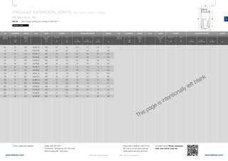254 255
www.belman.comwww.belman.com
AN
c
d1
c
Do
Lo
Lb
Dt
Do
Lt
c
l*
Lo
Lo
B
c
Lo
B
c
Do
Do
d1
B022016-1 – Subject to alterations and eventual misprintsB022016-1 – Subject to alterations and eventual misprints
ANGULAR EXPANSION JOINTS WITH LOOSE FLANGES & GIMBAL
AN1BK / ID no. 62
PN 25 - with flange drilling according to EN1092-1
Weblink: 13304
MOVEMENT LENGTH ID no. WIDTH WEIGHT
AN
2αN
deg.
Built-in
length
Lo
mm
FLANGE
OFD*
d1
mm kg
Thickness
c
mm
Cp
Nm/deg. bar
Cr
Nm/bar
Cα
Nm/deg.
Max. width
approx.
B
mm
ADJUSTING FORCES
* OFD= Outside face diameter Design code: EN 14917
Temperature: Calculated at 20°C (EN 1333)
Minimum fatigue life: 1000 cycles
DN
Nominal
diameter
MOVEMENT LENGTH ID no. WIDTH
AN
2αN
deg.
Built-in
length
Lo
mm
FLANGE
OFD*
d1
mm
Thickness
c
mm
Cp
Nm/deg. bar
Cr
Nm/bar
Cα
Nm/deg.
Max. width
approx.
B
mm
ADJUSTING FORCES
Please refer to WebLink 13304 or the
QR code to access online tools and
online inquiry/order form and more
information about: Primer, connection
ends, inner sleeve, cover etc.
This page is intentionally left blank
DN
Nominal
diameter
WEIGHT
kg
	50	26	140	62.257.10	260	22	92	2,4	0,1	0,4	13,1
	50	43	195	62.257.20	260	22	92	4,7	0,2	0,4	13,8
	65	 24	140	62.258.10	280	22	107	3,7	 0,2	0,5	14,7
	65	 43	235	62.258.20	280	22	107	9,7	 0,3	0,5	16,2
	80	 23	165	62.259.10	295	22	122	8,3	 0,2	0,9	17,5
	80	 36	215	62.259.20	295	22	122	15	 0,3	0,9	18,7
	100	20	155	62.260.10	330	22	147	16	 0,3	1,5	21,3
	100	30	210	62.260.20	330	22	147	23	 0,5	1,4	22,4
	125	19	180	62.261.10	365	22	178	25	 0,5	2,1	27,0
	125	29	220	62.261.20	365	22	178	42	 0,7	2,1	29,4
	150	16	190	62.262.10	395	27	208	43	 0,6	5,1	39,2
	150	27	255	62.262.20	395	27	208	63	 1,2	 5	 42,1
	200	21	250	62.264.20	485	32	258	100	1,6	12	77,0
	250	22	330	62.265.30	560	37	320	203	3,5	18	119
	300	19	315	62.266.30	650	43	375	274	4,5	25	175
	350	18	315	62.267.30	690	42	410	331	5,3	29	198
 