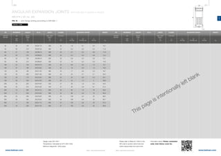 260 261
www.belman.comwww.belman.com
AN
c
Do
c
Lo
B
c
Do
B022016-1 – Subject to alterations and eventual misprintsB022016-1 – Subject to alterations and eventual misprints
ANGULAR EXPANSION JOINTS WITH WELDED FLANGES & HINGES
AN1FH / ID no. 63
PN 16 - with flange drilling according to EN1092-1
Weblink: 13303
MOVEMENT LENGTH ID no. WIDTH WEIGHT
AN
2αN
deg.
Built-in
length
Lo
mm
Max. width
approx.
B
mm
FLANGE
kg
Thickness
c
mm
Cp
Nm/deg. bar
Cr
Nm/bar
Cα
Nm/deg.
ADJUSTING FORCES
Design code: EN 14917
Temperature: Calculated at 20°C (EN 1333)
Minimum fatigue life: 1000 cycles
DN
Nominal
diameter
MOVEMENT LENGTH ID no. WIDTH
AN
2αN
deg.
Built-in
length
Lo
mm
Max. width
approx.
B
mm
FLANGE
Thickness
c
mm
Cp
Nm/deg. bar
Cr
Nm/bar
Cα
Nm/deg.
ADJUSTING FORCES
Please refer to WebLink 13303 or the
QR code to access online tools and
online inquiry/order form and more
information about: Primer, connection
ends, inner sleeve, cover etc.
This page is intentionally left blank
DN
Nominal
diameter
WEIGHT
kg
	50	 34	140	63.207.10	260	22	1,6	0,1	0,4	10,7
	50	 50	215	63.207.20	260	22	3,4	0,2	0,4	11,8
	65	 27	140	63.208.10	280	22	2,7	0,2	0,6	11,9
	65	 50	215	63.208.20	280	22	6,4	0,3	0,6	13,4
	80	 23	135	63.209.10	295	22	3,8	0,2	0,9	13,1
	80	 46	 215	 63.209.20	 295	 22	 10	 0,4	 0,9	 14,6
	100	24	140	63.210.10	330	22	8,6	0,3	1,5	15,1
	100	 37	 190	 63.210.20	 330	 22	 16	 0,5	 1,4	 16,3
	125	 26	 165	 63.211.20	 365	 22	 17	 0,6	 2,3	 18,7
	125	 32	 200	 63.211.30	 365	 22	 24	 0,7	 2,1	 20,5
	150	 23	 175	 63.212.20	 395	 22	 25	 0,8	 5,2	 23,1
	150	 35	 240	 63.212.30	 395	 22	 44	 1,3	 5	 26,6
	200	 25	 225	 63.214.20	 435	 27	 58	 1,8	 8,4	 34,4
	200	 33	 315	 63.214.30	 435	 27	 93	 2,8	 8,1	 41,4
	250	14	205	63.215.10	560	32	62	1,9	18	58,4
	250	21	245	63.215.20	560	32	88	2,8	18	62,9
	300	 20	 230	 63.216.20	 585	 32	 138	 3,2	 25	 68,5
	300	 26	 320	 63.216.30	 585	 32	 199	 5,8	 25	 80,7
	350	 11	 195	 63.217.10	 655	 37	 125	 2,8	 29	 91,0
	350	 18	 230	 63.217.20	 655	 37	 165	 3,8	 30	 95,9
 