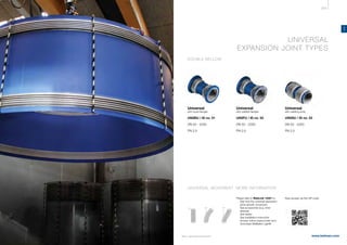 309
www.belman.com
UN
B022016-1 – Subject to alterations and eventual misprints
UNIVERSAL
EXPANSION JOINT TYPES
UNIVERSAL MOVEMENT
Universal
with loose flanges
UN2BU / ID no. 51
DN 50 - 2200
PN 2,5
Universal
with welded flanges
UN2FU / ID no. 52
DN 50 - 2200
PN 2,5
Universal
with welding ends
UN2SU / ID no. 53
DN 50 - 2200
PN 2,5
DOUBLE BELLOW
MORE INFORMATION
Please refer to WebLink 13401 to:
l	 See how the universal expansion 		
	 joints absorb movement
l	 See accessories (e.g. inner 		
	sleeves)
l	 See tables
l	 See installation instruction
l	 Access online inquiry/order form
l	 Download BelMaker Light®
Easy access via this QR code:
 