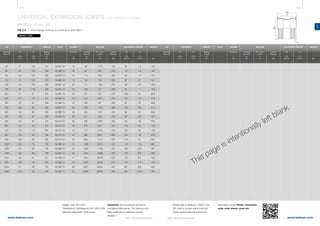 314 315
www.belman.comwww.belman.com
c
c
Do
Lo Lt
c
l*
Lo
B
B
Do
UN
B022016-1 – Subject to alterations and eventual misprintsB022016-1 – Subject to alterations and eventual misprints
UNIVERSAL EXPANSION JOINTS WITH WELDED FLANGES
UN2FU / ID no. 52
PN 2,5 - with flange drilling according to EN1092-1
DN
Nominal
diameter
MOVEMENT LENGTH ID no. WEIGHT
AX
2δN
mm
LA
2λN
mm
Built-in
length
Lo
mm
AX
Cδ
N/mm
Cλ
N/mm
ADJUSTING FORCESFLANGE
kg
Thickness
c
mm
Weblink: 13403
Centre
distance
l*
mm
Outside
diameter
Do
mm
BELLOW
Eff. cross-
section
A
cm2
LA
Important: The movements should be
considered alternatives. The total accumu-
lated coefficient of utilisation cannot
exceed 1.
Design code: EN 14917
Temperature: Calculated at 20°C (EN 1333)
Minimum fatigue life: 1000 cycles
DN
Nominal
diameter
MOVEMENT LENGTH ID no. WEIGHT
AX
2δN
mm
LA
2λN
mm
Built-in
length
Lo
mm
AX
Cδ
N/mm
Cλ
N/mm
ADJUSTING FORCESFLANGE
kg
Thickness
c
mm
Centre
distance
l*
mm
Outside
diameter
Do
mm
BELLOW
Eff. cross-
section
A
cm2
LA
Please refer to WebLink 13403 or the
QR code to access online tools and
online inquiry/order form and more
information about: Primer, connection
ends, inner sleeve, cover etc.
This page is intentionally left blank
	50	 47	 124	 340	 52.057.10	 16	 69	 27,9	 194	 80	 1,2	 3,9
	65	 54	 123	 350	 52.058.10	 16	 87	 46,0	 214	 73	 1,5	 4,9
	80	 52	 125	 365	 52.059.10	 18	 114	 79,4	 250	 86	 1,8	 8,0
	100	 75	 123	370	52.060.10	18	145	 131	252	67	 2,1	 9,4
	125	 76	 123	395	52.061.10	20	171	 188	273	69	 2,8	12,6
	150	 83	 119	420	52.062.10	20	204	 271	285	82	 4	 14,6
	200	77	 81	415	52.064.10	22	257	437	276	200	21	25,3
	250	101	79	415	52.065.10	24	309	663	264	76	 14	27,5
	300	127	81	420	52.066.10	24	365	927	256	97	 24	38,8
	350	120	82	450	52.067.10	26	396	1104	289	105	26	51,2
	400	142	80	520	52.068.10	28	453	1451	312	95	 30	59,6
	450	149	81	500	52.069.10	30	511	1842	310	89	 33	70,7
	500	164	81	535	52.070.10	30	566	2263	328	101	39	79,4
	600	150	82	620	52.072.10	32	679	3257	393	170	66	109
	700	146	79	680	52.074.10	40	777	4335	445	184	80	156
	800	124	80	765	52.076.10	44	886	5654	554	215	78	218
	900	126	80	825	52.078.10	48	990	7110	594	215	87	251
	1000	230	 78	 720	52.080.10	52	1098	8765	423	118	 116	 265
	1200	161	60	745	52.082.10	60	1264	11794	472	185	208	361
	1400	192	60	740	52.084.10	42	1464	15980	473	176	270	320
	1600	190	61	810	52.086.10	47	1664	20776	533	195	311	438
	1800	189	40	700	52.088.10	52	1864	26199	413	215	719	494
	2000	177	40	760	52.090.10	52	2061	32204	473	261	828	565
	2200	218	 40	 740	52.092.10	57	2260	38865	438	236	1050	707
 