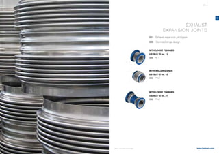 321
www.belman.com
US
B022016-1 – Subject to alterations and eventual misprints
EXHAUST
EXPANSION JOINTS
324 Exhaust expansion joint types
326 	 Standard range design
	
WITH LOOSE FLANGES
US1BU / ID no. 11
328 PN 1
	
WITH WELDING ENDS
US1SU / ID no. 13
332	 	 PN 1
	WITH LOOSE FLANGES
US2BU / ID no. 21
336	 	 PN 1
 