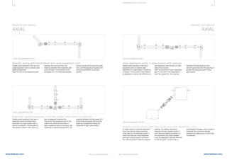 62 63
www.belman.comwww.belman.com B022016-1 – Subject to alterations and eventual misprintsB022016-1 – Subject to alterations and eventual misprints
E XPA NS I ON JOI NT S E LE CTI ON
Typifies good practice in the use of a
single expansion joint to absorb axial
pipeline expansion.
Note the use of one expansion joint
Typifies good practice in the use of
expansion joints to absorb axial
expansion in a pipe system containing
a reducer. The fix point at the reducer
is designed to absorb the difference in
Typifies good practice in the use of
expansion joints to absorb axial
expansion in a pipe system with a
branch connection. The fix point at
the junction, which in this case is a
In cases where a universal expansion
joint must absorb axial movement
other than its own thermal growth, it
cannot function as a tied expansion
joint and must be used in combina-
tion with fix points to absorb pressure
Source: Freely adapted from EJMA 	
Source: Freely adapted from EN 14917	
AXIAL
Expansion joint selection
AXIAL
Expansion joint selection
between the two fix points, the
distance between the expansion joint
and a fix point, the proximity of the
first guide (G1), the spacing between
the expansion joints thrusts on each
side of the reducer.
Note the proximity of each expansion
joint to a fix point, the closeness of
each first guide (G1), the spacing
the first guide and the second guide
(G2), and the spacing of guides (Gn)
along the remainder of the pipe
system.
between the first guide and the
second guide (G2) and the spacing of
guides (Gn) along the rest of each
pipe section.
tee, is designed to absorb the
thrust from the expansion joint in the
branch line. Note the proximity of
each expansion joint to a fix point, the
closeness of each first guide (G1), the
loading. The relative expansion
between the two vessels results in
both axial and lateral movement on
the expansion joint. Both vessels
must be designed to absorb the load
on the fix points. Control rods or
spacing between the first guide (G1)
and the second guide (G2) and the
spacing of guides (Gn) along the
remainder of each pipe section.
pantographic linkages may be used to
distribute the movement equally
between the bellows and control their
movements.
Source: Freely adapted from EN 14917	 Source: Freely adapted from EJMA 	
Straight piping with bend/offset with axial expansion joint Axial expansion joints in pipe system with reducer
Axial pipe system expansion in a pipe system with branch connection
Straight piping section with two bends and axial expansion joints
 