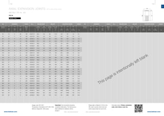 132 133
www.belman.comwww.belman.com
AX
d1
Lo
c
D
s
Do
Lo
Lo
c
d1
c
Do
Lo
Do
Lo
s
D
Do
Lo
l*
c
d1
Lb
Dt
Do
Lt
c
l*
Lo
Do
BB
B
Do
l*
l*
DoDo
B022016-1 – Subject to alterations and eventual misprintsB022016-1 – Subject to alterations and eventual misprints
AXIAL EXPANSION JOINTS WITH WELDING ENDS
AX1SU / ID no. 43
PN 25
Weblink: 13104
DN
Nominal
diameter
MOVEMENT MOVEMENTLENGTH LENGTHID no. ID no.WEIGHT
AX
2δN
mm
AX
2δN
mm
AN
2αN
deg.
AN
2αN
deg.
LA
2λN
mm
LA
2λN
mm
Built-in
length
Lo
mm
Built-in
length
Lo
mm
AX
Cδ
N/mm
AX
Cδ
N/mm
LA
Cλ
N/mm
LA
Cλ
N/mm
ADJUSTING FORCES ADJUSTING FORCES
AN
Cα
Nm/deg.
AN
Cα
Nm/deg.
WELDING ENDS WELDING ENDS
Outside
diameter
D
mm
Outside
diameter
D
mm
Wall
thickness
s
mm
Wall
thickness
s
mmkg
Outside
diameter
Do
mm
Outside
diameter
Do
mm
BELLOW BELLOW
Eff. cross-
section
A
cm2
Eff. cross-
section
A
cm2
Important: The movements should be
considered alternatives. The total accumu-
lated coefficient of utilisation cannot
exceed 1.
Please refer to WebLink 13104 or the
QR code to access online tools and
online inquiry/order form and more
information about: Primer, connection
ends, inner sleeve, cover etc.
Design code: EN 14917
Temperature: Calculated at 20°C (EN 1333)
Minimum fatigue life: 1000 cycles
This page is intentionally left blank
DN
Nominal
diameter
WEIGHT
kg
	50	 15	 6	 28	 185	43.257.10	60,3	2,9	 69	27,9	130	167	1,6	0,7
	50	 22	 17	 43	 240	43.257.20	60,3	2,9	 68	27,1	222	104	2,6	1,0
	65	 16	 6	 24	 195	43.258.10	76,1	3,6	 85	43,6	150	242	2,8	1,0
	65	 29	 24	 45	 285	43.258.20	76,1	3,6	 84	42,4	270	112	5,4	2,0
	80	 20	 5	 23	 170	43.259.10	88,9	3,2	113	77,6	191	655	4,2	1,4
	80	 31	 13	 36	 220	43.259.20	88,9	3,2	112	74,9	241	288	6,7	2,3
	100	 23	 4	 20	 160	43.260.10	114,3	3,6	 142	 126	266	1850	 6	 2,3
	100	 36	 12	 33	 215	 43.260.20	 114,3	 3,6	 138	 120	 230	 474	 11	 2,6
	125	 28	 5	 21	 185	43.261.10	139,7	 4	 170	184	223	1300	12	3,4
	125	43	12	32	225	43.261.20	139,7	4	171	181	279	703	17	5,5
	150	 25	 3	 15	 165	43.262.10	168,3	4,5	 206	 268	452	6060	15	 4,5
	150	 47	 13	 29	 240	 43.262.20	 168,3	 4,5	 203	 261	 321	 915	 28	 6,9
	200	 27	 2	 13	 170	 43.264.10	 219,1	 6,3	 257	 431	 585	 11900	 26	 7,7
	200	 51	 9	 24	 220	43.264.20	219,1	6,3	 259	 435	313	1820	40	10,0
	200	 60	 17	 29	 285	43.264.30	219,1	6,3	 257	 427	352	1060	59	13,3
	250	24	 2	 9	 170	43.265.10	273	6,3	309	650	718	25600	40	9,7
	250	 46	 7	 18	 225	43.265.20	273	 6,3	 311	655	372	3610	63	12,5
	250	 63	 14	 24	 285	43.265.30	273	 6,3	 314	657	358	1670	92	16,6
	300	 30	 2	 10	 190	 43.266.10	 323,9	 7,1	 360	 901	 622	 18600	 67	 13,4
	300	 48	 7	 16	 240	43.266.20	323,9	7,1	 360	 901	389	4480	97	15,4
	300	 65	 11	 21	 265	43.266.30	323,9	7,1	 370	 922	358	2760	115	20,4
	350	 28	 2	 8	 210	43.267.10	355,6	 8	 391	1076	702	25600	80	16,9
	350	 45	 6	 13	 260	43.267.20	355,6	 8	 391	1076	438	6320	115	19,1
	350	 62	 9	 18	 285	43.267.30	355,6	 8	 401	1100	392	3860	136	24,5
	400	 28	 2	 7	 210	43.268.10	406,4	 8,8	 450	 1416	1060	49400	115	22,9
	400	 46	 5	 12	 255	 43.268.20	 406,4	 8,8	 452	 1423	 637	 12600	 152	 21,3
	400	 82	 15	 21	 350	43.268.30	406,4	8,8	 459	1441	435	2890	248	32,8
 