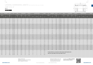 192 193
www.belman.comwww.belman.com
LA
B
c
Lo
B
l*
Lo
s
D
B022016-1 – Subject to alterations and eventual misprintsB022016-1 – Subject to alterations and eventual misprints
LATERAL EXPANSION JOINTS WITH WELDING ENDS AND TIE RODS
LA2ST / ID no. 87
PN 10
Weblink: 13207
MOVEMENT LENGTH ID no. WEIGHT
LA
2λN
mm
Built-in
length
Lo
mm
ADJUSTING FORCESWELDING ENDS
Outside
diameter
D
mm kg
Wall
thickness
s
mm
Max. width
approx.
B
mm
Cp
N/mm bar
Cλ
N/mm
Cr
N/bar
WIDTH BELLOW
Centre
distance
l*
mm
Design code: EN 14917
Temperature: Calculated at 20°C (EN 1333)
Minimum fatigue life: 1000 cycles
DN
Nominal
diameter
MOVEMENT LENGTH ID no.
LA
2λN
mm
Built-in
length
Lo
mm
ADJUSTING FORCESWELDING ENDS
Outside
diameter
D
mm
Wall
thickness
s
mm
Max. width
approx.
B
mm
Cp
N/mm bar
Cλ
N/mm
Cr
N/bar
WIDTH BELLOW
Centre
distance
l*
mm
Please refer to WebLink 13207 or the
QR code to access online tools and
online inquiry/order form and more
information about: Primer, connection
ends, inner sleeve, cover etc.
For larger dimensions, we recommend to install a hinged or gimbal expansion joint.
Please refer to type LA2SH / ID no 88 or type LA2SK / ID no 89
DN
Nominal
diameter
WEIGHT
kg
	50	 63	 485	 87.157.10	 145	 60,3	 2,9	 162	 4,6	 0	 3,5	 4,2
	50	 101	 565	 87.157.20	 145	 60,3	 2,9	 242	 2,1	 0	 2,9	 4,7
	50	 151	 665	 87.157.30	 145	 60,3	 2,9	 342	 1,1	 0	 2,4	 5,3
	50	 197	 755	 87.157.40	 145	 60,3	 2,9	 432	 0,7	 0	 2,1	 5,9
	65	 57	 505	 87.158.10	 155	 76,1	 2,9	 178	 6,6	 0	 5,1	 4,4
	65	 101	 615	 87.158.20	 155	 76,1	 2,9	 288	 2,7	 0	 4,1	 5,2
	65	 151	 735	 87.158.30	 155	 76,1	 2,9	 408	 1,4	 0	 3,4	 6,1
	65	 203	 855	 87.158.40	 155	 76,1	 2,9	 528	 0,8	 0	 2,9	 6,9
	80	 55	 470	 87.159.10	 185	 88,9	 3,2	 155	 15	 0	 9,6	 6,6
	80	 100	 570	 87.159.20	 185	 88,9	 3,2	 255	 5,5	 0	 7,7	 7,5
	80	 152	 680	 87.159.30	 185	 88,9	 3,2	 365	 2,7	 0	 6,3	 8,4
	80	 200	 780	 87.159.40	 185	 88,9	 3,2	 465	 1,7	 0	 5,5	 9,3
	100	 51	 485	 87.160.10	 215	 114,3	 3,6	 172	 16	 0	 16	 9,4
	100	 99	 615	87.160.20	215	114,3	3,6	302	5,2	 0	 12	11,0
	100	 149	 745	 87.160.30	 215	 114,3	 3,6	 432	 2,6	 0	 9,5	 12,5
	100	 195	 865	 87.160.40	 215	 114,3	 3,6	 552	 1,6	 0	 8,1	 13,9
	125	 51	 525	 87.161.10	 245	 139,7	 4	 218	 14	 0	 21	 12,2
	125	 99	 695	 87.161.20	 245	 139,7	 4	 388	 4,4	 0	 16	 14,6
	125	 151	 875	 87.161.30	 245	 139,7	 4	 568	 2,1	 0	 12	 17,4
	125	 201	 1075	 87.161.40	 245	 139,7	 4	 768	 1,2	 0	 9,5	 20,5
	150	 51	 535	87.162.10	295	168,3	4,5	202	31	 0	 38	18,9
	150	101	 695	87.162.20	295	168,3	4,5	362	9,6	 0	 28	22,2
	150	152	 855	87.162.30	295	168,3	4,5	522	4,6	 0	 23	25,7
	150	201	1035	87.162.40	295	168,3	4,5	702	2,7	 0	 19	29,6
	200	 52	 570	87.164.10	365	219,1	6,3	205	53	 0	 69	35,8
	200	102	 730	87.164.20	365	219,1	6,3	365	17	 0	 53	41,9
	200	150	 880	87.164.30	365	219,1	6,3	515	8,4	 0	 43	47,4
	200	201	1060	87.164.40	365	219,1	6,3	695	4,7	 0	 36	54,4
	250	 51	 620	87.165.10	405	273	 6,3	260	48	 0	 79	38,6
	250	 99	 820	87.165.20	405	273	 6,3	460	16	 0	 58	47,5
	250	148	1020	87.165.30	405	273	 6,3	660	7,5	 0	 46	56,4
	250	197	1220	87.165.40	405	273	 6,3	860	4,4	 0	 38	65,5
	300	 50	 680	87.166.10	460	323,9	7,1	295	83	 0	 98	77,4
	300	101	 930	87.166.20	460	323,9	7,1	545	24	 0	 70	92,5
	300	 151	 1200	 87.166.30	 460	 323,9	 7,1	 815	 12	 0	 54	 109
	300	 200	 1480	 87.166.40	 460	 323,9	 7,1	 1095	 6,3	 0	 43	 126
	350	 51	 685	 87.167.10	 505	 355,6	 6,3	 287	 64	 0	 117	 82,8
	350	100	 915	87.167.20	505	355,6	6,3	517	20	 0	 86	96,9
	350	 150	 1145	 87.167.30	 505	 355,6	 6,3	 747	 9,6	 0	 68	 111
	350	 200	 1405	 87.167.40	 505	 355,6	 6,3	 1007	 5,4	 0	 55	 127
	400	 51	 690	 87.168.10	 575	 406,4	 6,3	 260	 113	 0	 184	 115
	400	 101	 900	 87.168.20	 575	 406,4	 6,3	 470	 35	 0	 139	 130
	400	 150	 1110	 87.168.30	 575	 406,4	 6,3	 680	 17	 0	 112	 144
	400	 201	 1370	 87.168.40	 575	 406,4	 6,3	 940	 9,2	 0	 90	 162
	450	 49	 750	 87.169.10	 625	 457	 8,8	 295	 190	 0	 208	 155
	450	 101	 1000	 87.169.20	 625	 457	 8,8	 545	 57	 0	 154	 182
	450	 151	 1230	 87.169.30	 625	 457	 8,8	 775	 28	 0	 124	 206
	450	 200	 1460	 87.169.40	 625	 457	 8,8	 1005	 17	 0	 104	 231
	500	 51	 815	 87.170.10	 695	 508	 8,8	 358	 151	 0	 274	 187
	500	 101	 1115	 87.170.20	 695	 508	 8,8	 658	 45	 0	 199	 223
	500	 150	 1445	 87.170.30	 695	 508	 8,8	 988	 21	 0	 152	 264
	500	 200	 1795	 87.170.40	 695	 508	 8,8	 1338	 12	 0	 122	 307
		
 