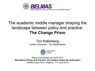 The academic middle manager shaping the
landscape between policy and practice:
The Change Prism
Ton Kallenberg
Leiden University - The Netherlands
Paper Presentation BELMAS 2014
Educational Policy and Practice: Can leaders shape the landscape?
Stratford upon Avon, England, 11-13 july 2014
 
