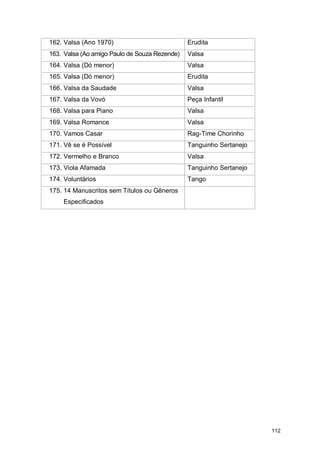 162. Valsa (Ano 1970)                          Erudita
163. Valsa (Ao amigo Paulo de Souza Rezende)   Valsa
164. Valsa (Dó menor)                          Valsa
165. Valsa (Dó menor)                          Erudita
166. Valsa da Saudade                          Valsa
167. Valsa da Vovó                             Peça Infantil
168. Valsa para Piano                          Valsa
169. Valsa Romance                             Valsa
170. Vamos Casar                               Rag-Time Chorinho
171. Vê se é Possível                          Tanguinho Sertanejo
172. Vermelho e Branco                         Valsa
173. Viola Afamada                             Tanguinho Sertanejo
174. Voluntários                               Tango
175. 14 Manuscritos sem Títulos ou Gêneros
    Especificados




                                                                     112
 