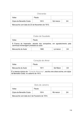 Chorando
Valsa                       Flauta

Cópia de Benedito Costa              1913         Sol menor       3/4

Manuscrito com data de 23 de Novembro de 1913.




                           Clube da Saudade
Valsa                     Flauta

À Franca do Imperador, através dos compadres, em agradecimento pela
carinhosa homenagem prestada ao autor.

Manuscrito do Autor                  1960          Lá menor        3/4




                           Coração de Amor
Valsa                     Flauta

Manuscrito do Autor                  1911          Sol Maior       3/4

É a mesma música de “Coração Amoroso”, escrita uma oitava acima, em cópia
de Benedito Costa, no caderno de 1913.




                            Dois de Janeiro
Valsa                       Flauta

Cópia de Benedito Costa              1914         Ré menor        3/4

Manuscrito com data de 2 de Fevereiro de 1914.




                                                                         119
 