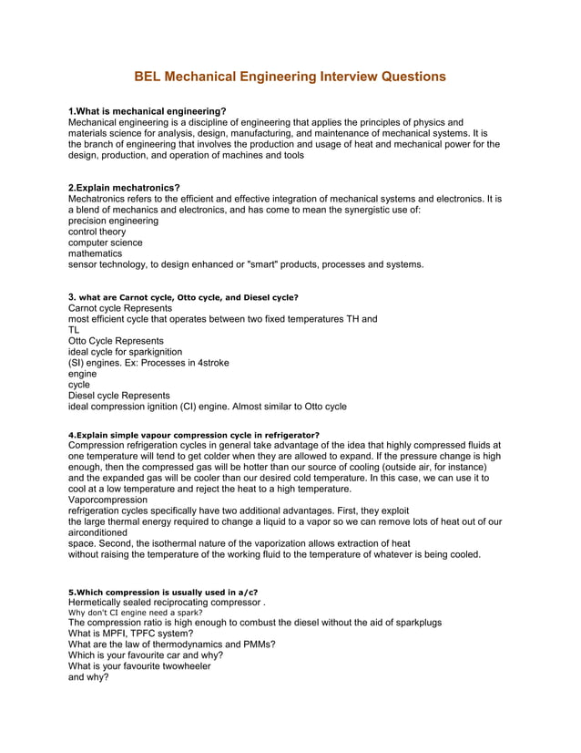 Bel mechanical engineering interview questions PDF