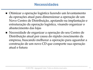 3© 2015 PSC. Agregando Valor. Todos os direitos reservados.
 Otimizar a operação logística fazendo um levantamento
da operações atual para dimensionar a operação de um
Novo Centro de Distribuição, apoiando na implantação e
estruturação da operação logística, visando organizar o
abastecimento das lojas
 Necessidade de organizar a operação do seu Centro de
Distribuição atual por causa do rápido crescimento da
empresa, buscando melhorar a operação para aguardar a
construção de um novo CD que comporte sua operação
atual e futura
Necessidades
 