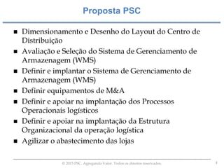 4© 2015 PSC. Agregando Valor. Todos os direitos reservados.
 Dimensionamento e Desenho do Layout do Centro de
Distribuição
 Avaliação e Seleção do Sistema de Gerenciamento de
Armazenagem (WMS)
 Definir e implantar o Sistema de Gerenciamento de
Armazenagem (WMS)
 Definir equipamentos de M&A
 Definir e apoiar na implantação dos Processos
Operacionais logísticos
 Definir e apoiar na implantação da Estrutura
Organizacional da operação logística
 Agilizar o abastecimento das lojas
Proposta PSC
 