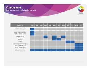 Cronograma
Sua marca bem vista todos os mês.
TORNEIO SBT ESPORTE DE
FUTEBOL AMADOR
NATAL SOLIDÁRIO
ANIVERSÁRIO BELÉM
“Belém Nosso Bem”
CÍRIO
            VERÃO +
DEZNOVOUTSETAGOJULJUNMAIABRMARFEVJANPROJETOS
HISTÓRIAS BELÉM
           
            MARATONA FELIZ
CINE FAMÍLIA
 