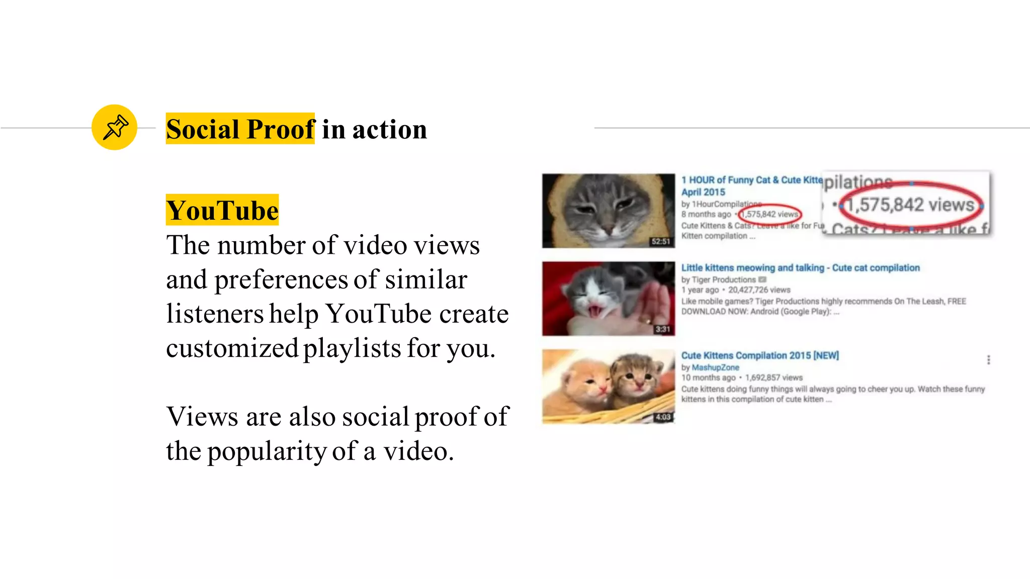 YouTube
The number of video views
and preferences of similar
listeners help YouTube create
customizedplaylists for you.
Views are also social proof of
the popularityof a video.
Social Proof in action
 