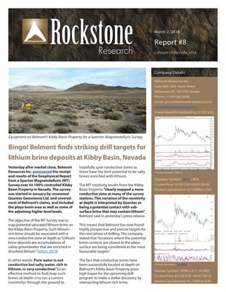 March 2, 2018
Report #8
Lithium in Nevada, USA
Bingo! Belmont finds striking drill targets for
lithium brine deposits at Kibby Basin, Nevada
Yesterday after market close, Belmont
Resources Inc. announced the receipt
and results of the Geophysical Report
from a Spartan Magnetotelluric (MT)
Survey over its 100% controlled Kibby
Basin Property in Nevada.The survey
was started in January by renowned
Quantec Geoscience Ltd. and covered
most of Belmont’s claims, and included
the playa basin area as well as some of
the adjoining higher level lands.
The objective of the MT Survey was to
map potential saturated lithium brine on
the Kibby Basin Property. Such lithium-
rich brine should be associated with a
very conductive zone at depth as“Lithium
brine deposits are accumulations of
saline groundwater that are enriched in
dissolved lithium.”(USGS, 2013)
In other words: Pure water is not
conductive but salty water, rich in
lithium, is very conductive! So an
effective method to find/map such
brines at depth is to run a current
(resistivity) through the ground to
hopefully spot conductive zones as
these have the best potential to be salty
brines enriched with lithium.
The MT resistivity results from the Kibby
Basin Property “clearly mapped a more
conductive zone at many of the survey
stations.This variation of the resistivity
at depth is interpreted by Quantec as
being a potential contact with sub-
surface brine that may contain lithium”,
Belmont said in yesterday’s press-release.
This means that Belmont has now found
highly prospective and precise targets for
the next phase of drilling. The company
stated that“locations where the potential
brine contacts are closest to the playa
surface are being considered as the most
favourable targets.”
The fact that conductive zones have
been successfully located at depth on
Belmont’s Kibby Basin Property gives
high hopes for the upcoming drill
program to make a stellar discovery by
intersecting lithium-rich brine.
Company Details
Belmont Resources Inc.
Suite 600 - 625 Howe Street
Vancouver, BC, V6C2T6 Canada
Phone: +1 604 683 6648
Email: gmusil@belmontresources.com
www.belmontresources.com
Shares Issued & Outstanding: 61,567,620
Canadian Symbol (TSX.V): BEA
Current Price: $0.04 CAD (03/01/2018)
Market Capitalization: $2.5 Million CAD
German Symbol / WKN: L3L1 / A1JNZE
Current Price: €0.028 EUR (03/01/2018)
Market Capitalization: €1.7 Million EUR
Chart Canada (TSX.V)
Chart Germany (Frankfurt)
Equipment on Belmont’s Kibby Basin Property for a Spartan Magnetotelluric Survey.
 