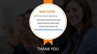 THANK YOU
NEXT STEPS
Fill Out Grant Application
FOR MORE INFORMATION AND
GRANT RELATED QUESTIONS,
PLEASE SEND EMAILS TO:
g...