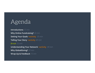 Agenda
Introductions 15 min
Why Online Fundraising? 30 min
Setting Your Goals +activity 30 min
Telling Your Story +activity 40 min
Break 15 min
Understanding Your Network +activity 40 min
Why GlobalGiving? 20 min
Wrap-Up & Feedback 15 min
 