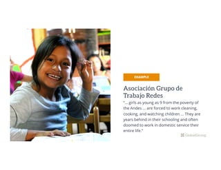 Asociación Grupo de
Trabajo Redes
“… girls as young as 9 from the poverty of
the Andes … are forced to work cleaning,
cooking, and watching children ... They are
years behind in their schooling and often
doomed to work in domestic service their
entire life.”
EXAMPLE
 
