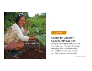 Center for Amazon
Community Ecology.
“This project will generate sustainable
income for over 100 native families by
energizing their imagination, pride,
and traditional knowledge to create
rare fragrances and unique crafts”
EXAMPLEEXAMPLE
 