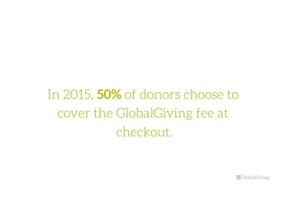 In 2015, 50% of donors choose to
cover the GlobalGiving fee at
checkout.
 