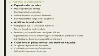 2- Pourquoi le Data Mining ?
■ Explosion des données:
• Masse importante de données
• Données multi-dimensionnelles
• Collecte de masses importantes de données
• Besoin raitement en temps réel de ces données
■ Améliorer la productivité:
• Forte pression due à la concurrence du marché
• Brièveté́ du cycle de vie des produits
• Besoin de prendre des décisions stratégiques efficaces
- Exploiter le vécu (données historiques) pour prédire le futur et anticiper le marché
- Individualisation des consommateurs (dé-massification).
■ Croissance en puissance/coût des machines capables:
• de supporter de gros volumes de données
• d’exécuter le processus intensif d’exploration
• hétérogénéité des supports de stockage
 