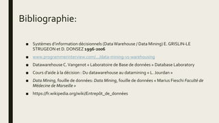 Bibliographie:
■ Systèmes d’information décisionnels (DataWarehouse / Data Mining) E. GRISLIN-LE
STRUGEON et D. DONSEZ 1996-2006
■ www.programmerinterview.com/.../data-mining-vs-warehousing
■ DatawarehouseC.Vangenot « Laboratoire de Base de données » Database Laboratory
■ Cours d’aide à la décision : Du datawarehouse au datamining « L. Jourdan »
■ Data Mining, fouille de données: Data Mining, fouille de données « Marius Fieschi Faculté de
Médecine de Marseille »
■ https://fr.wikipedia.org/wiki/Entrepôt_de_données
 