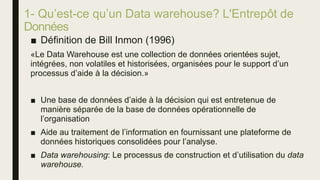 1- Qu’est-ce qu’un Data warehouse? L'Entrepôt de
Données
■ Définition de Bill Inmon (1996)
«Le Data Warehouse est une collection de données orientées sujet,
intégrées, non volatiles et historisées, organisées pour le support d’un
processus d’aide à la décision.»
■ Une base de données d’aide à la décision qui est entretenue de
manière séparée de la base de données opérationnelle de
l’organisation
■ Aide au traitement de l’information en fournissant une plateforme de
données historiques consolidées pour l’analyse.
■ Data warehousing: Le processus de construction et d’utilisation du data
warehouse.
 