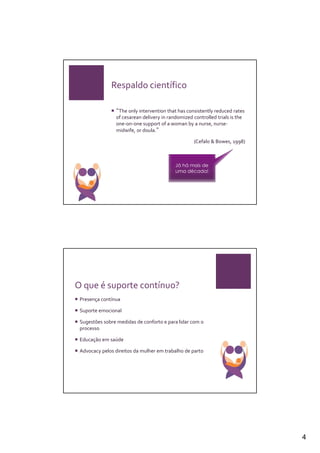 Respaldo científico

                “The only intervention that has consistently reduced rates
                of cesarean delivery in randomized controlled trials is the
                one-on-one support of a woman by a nurse, nurse-
                midwife, or doula.”

                                                   (Cefalo & Bowes, 1998)



                                           Já há mais de
                                           uma década!




O que é suporte contínuo?
 Presença contínua

 Suporte emocional

 Sugestões sobre medidas de conforto e para lidar com o
 processo

 Educação em saúde

 Advocacy pelos direitos da mulher em trabalho de parto




                                                                              4
 