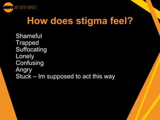 How does stigma feel?
Shameful
Trapped
Suffocating
Lonely
Confusing
Angry
Stuck – Im supposed to act this way
 