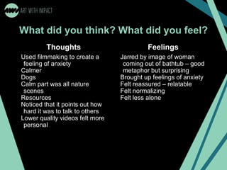 What did you think? What did you feel?
Thoughts
Used filmmaking to create a
feeling of anxiety
Calmer
Dogs
Calm part was all nature
scenes
Resources
Noticed that it points out how
hard it was to talk to others
Lower quality videos felt more
personal
Feelings
Jarred by image of woman
coming out of bathtub – good
metaphor but surprising
Brought up feelings of anxiety
Felt reassured – relatable
Felt normalizing
Felt less alone
 
