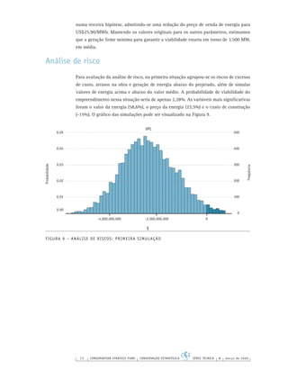 72 CONSERVATION STRATEGY FUND CONSERVAÇÃO ESTRATÉGICA SÉRIE TÉCNICA 4 março de 2006
numa terceira hipótese, admitindo-se uma redução do preço de venda de energia para
US$25,90/MWh. Mantendo os valores originais para os outros parâmetros, estimamos
que a geração ﬁrme mínima para garantir a viabilidade estaria em torno de 3.500 MW,
em média.
Análise de risco
Para avaliação da análise de risco, na primeira situação agrupou-se os riscos de excesso
de custo, atrasos na obra e geração de energia abaixo do projetado, além de simular
valores de energia acima e abaixo do valor médio. A probabilidade de viabilidade do
empreendimento nessa situação seria de apenas 2,28%. As variáveis mais signiﬁcativas
foram o valor da energia (58,6%), o preço da energia (23,5%) e o custo de construção
(-15%). O gráﬁco das simulações pode ser visualizado na Figura 9.
FIGURA 9 – ANÁLISE DE RISCOS: PRIMEIRA SIMULAÇÃO
0.05
0.04
0.03
0.02
0.01
0.00
Probabilidade
Freqüência
500
400
300
200
100
0
-4,000,000,000 -2,000,000,000 0
VPL
$
 