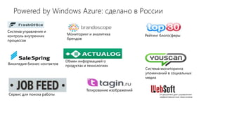 Powered by Windows Azure: сделано в России

Система управления и
контроль внутренних          Мониторинг и аналитика               Рейтинг блогосферы
процессов                    брендов




                             Обмен информацией о
Википедия бизнес-контактов   продуктах и технологиях
                                                                  Cистема мониторинга
                                                                  упоминаний в социальных
                                                                  медиа


                                        Тегирование изображений
Сервис для поиска работы
 