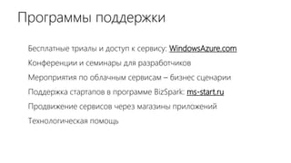 Программы поддержки
 Бесплатные триалы и доступ к сервису: WindowsAzure.com
 Конференции и семинары для разработчиков
 Мероприятия по облачным сервисам – бизнес сценарии
 Поддержка стартапов в программе BizSpark: ms-start.ru
 Продвижение сервисов через магазины приложений
 Технологическая помощь
 