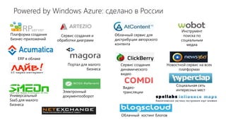 Powered by Windows Azure: сделано в России

                                                                              Инструмент
Платформа создания     Сервис создания и      Облачный сервис для              поиска по
бизнес-приложений    обработки диаграмм       дистрибуции авторского          социальным
                                              контента                           медиа


    ERP в облаке
                          Портал для малого      Сервис создания       Новостной сервис на всех
                                    бизнеса      динамического               платформах
                                                 видео


                                                                            Социальная сеть
                                                  Видео-
                       Электронный                                          интересных мест
                                                  трансляции
Универсальный          документооборот
SaaS для малого
бизнеса

                                                 Облачный хостинг блогов
 