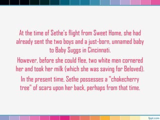 At the time of Sethe's flight from Sweet Home, she had
already sent the two boys and a just-born, unnamed baby
to Baby Suggs in Cincinnati.
However, before she could flee, two white men cornered
her and took her milk (which she was saving for Beloved).
In the present time, Sethe possesses a "chokecherry
tree" of scars upon her back, perhaps from that time.
 