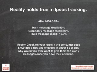Reality holds true in Ipsos tracking.
After 1000 GRPs
Main message recall: 50%
Secondary message recall: 25%
Third message recall: 12.5%
Reality Check on your logic: If the consumer sees
5,000 ads a day, and engages in about 5 per day,
why would you ever want to give them too many
messages once you have their attention.
 