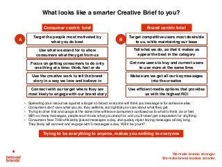 We make brands stronger.
We make brand leaders smarter.
What looks like a smarter Creative Brief to you?
Target the people most motivated by
what you do best
Use what we stand for to show
consumers what they get from us
• Spreading your resources against a target so broad, everyone will think you message is for someone else.
• Consumers don’t care what you do, they selfishly and rightfully so care about what they get.
• Trying to drive trial and usage at the same time will leave consumers confused as to what to think, do or feel.
• With so many messages, people won’t know what you stand for, and you’ll never get a reputation for anything.
• Consumers hear 7000 efficiently placed messages a day, and quickly reject boring messages all day long.
They likely will connect and engage with 5 messages a day. Will it be yours?
Trying to be everything to anyone, makes you nothing to everyone
Focus on getting consumers to do only
one thing at a time: think, feel or do
Use the creative work to tell the brand
story in a way we love and believe in
Connect with our target where they are
most likely to engage with our brand story
Target competitive users most desirable
to us, while maintaining our base
Tell what we do, so that it makes us
appear the best in the category
Get new users to buy and current users
to use more at the same time.
Make sure we get all our key messages
into the creative
Use efficient media options that provides
us with the highest ROI
A B
Consumer centric brief Brand centric brief
 
