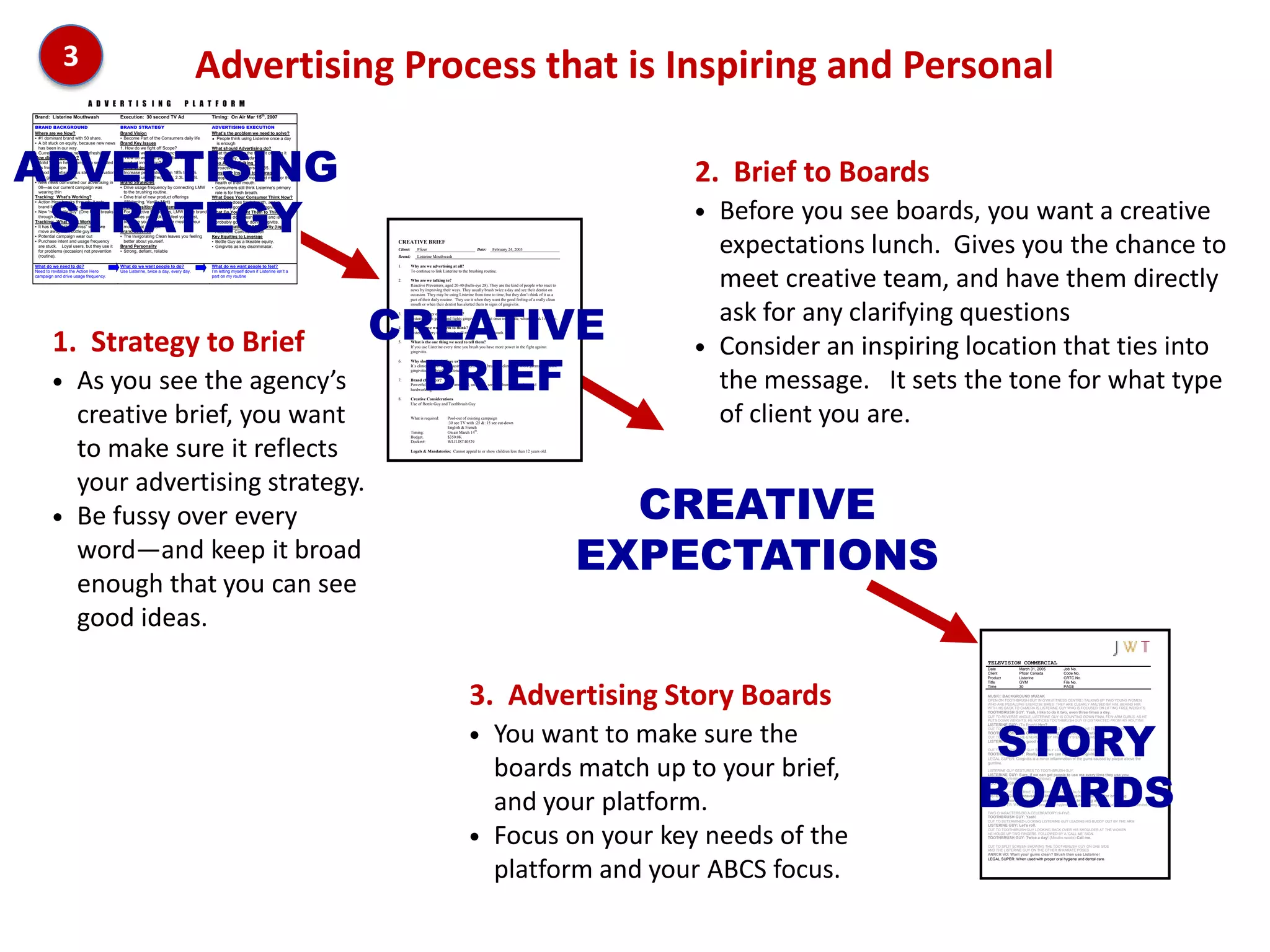 3                                                                      Advertising Process that is Inspiring and Personal
                           A D V E R T I S I N G                              P L A T F O R M
Brand: Listerine Mouthwash                  Execution: 30 second TV Ad                     Timing: On Air Mar 15th, 2007

BRAND BACKGROUND                            BRAND STRATEGY                                 ADVERTISING EXECUTION
Where are we Now?                           Brand Vision                                   What’s the problem we need to solve?




ADVERTISING
• #1 dominant brand with 50 share.          • Become Part of the Consumers daily life         People think using Listerine once a day
• A bit stuck on equity, because new news   Brand Key Issues                                  is enough
  has been in our way.                      1. How do we fight off Scope?                  What should Advertising do?
• Current campaign needs refreshing.        2. How do we drive frequency of use?           • Get them to see the benefit of using it
How did we get here?                        3. How do we drive penetration through new       twice a day, everyday




                                                                                                                                                                                                                                                         2. Brief to Boards
• Solid “action hero” campaign separated      product innovation?                          Who Are We Talking To?
  us from Scope.                            Brand Objectives                               • Proactive Preventers, 25-35.
• Good Advertising plus steady innovation   • Increase penetration from 18% to 22%         Consumer Insights to leverage
  has grown us by 8%.                       • Increase usage frequency: 2.3L to 2.5L       • People are doing more and more for the
• New news dominated our advertising in     Brand Strategies                                 health of their mouth.
  06—as our current campaign was            • Drive usage frequency by connecting LMW      • Consumers still think Listerine‟s primary




 STRATEGY
  wearing thin                                to the brushing routine.                       role is for fresh breath.
Tracking: What’s Working?                   • Drive trial of new product offerings         What Does Your Consumer Think Now?



                                                                                                                                                                                                                                                         • Before you see boards, you want a creative
• Action Hero breaks through: it gets         (Whitening, Vanilla Mint)                    • Listerine does fresh breath, and is
  brand link and strong equity scores.      Overall Positioning Statement                    probably good for doing gingivitis.
• New “non bottle guy” (One Man) breaks     • For Proactive Preventers, LMW is the brand   What Do You Want Them to Think?
  through as well.                            that makes you look and feel your best,      • Listerine does fresh breath, and is
Tracking: What’s Not Working?                 because you are doing the most for your        probably good for doing gingivitis.
• It has been “Hit and miss” when we          mouth that you can.                          Communication ABCS Priority (top 2)
  move away from bottle guy.                Brand Essence                                  • Attention, Communication



                                                                                                                                                                                                                                                           expectations lunch. Gives you the chance to
• Potential campaign wear out               • The Invigorating Clean leaves you feeling    Key Equities to Leverage
• Purchase intent and usage frequency         better about yourself.                       • Bottle Guy as a likeable equity.              CREATIVE BRIEF
  are stuck. Loyal users, but they use it   Brand Personality                              • Gingivitis as key discriminator.
  for problems (occasion) not prevention    • Strong, defiant, reliable                                                                    Client:       Pfizer                                Date:     February 24, 2005
  (routine).                                                                                                                               Brand:        Listerine Mouthwash

What do we need to do?                      What do we want people to do?                  What do we want people to feel?                 1.        Why are we advertising at all?
                                                                                           I‟m letting myself down if Listerine isn‟t a


                                                                                                                                                                                                                                                           meet creative team, and have them directly
Need to revitalize the Action Hero          Use Listerine, twice a day, every day.                                                                   To continue to link Listerine to the brushing routine.
campaign and drive usage frequency.                                                        part on my routine
                                                                                                                                           2.        Who are we talking to?
                                                                                                                                                     Reactive Preventers, aged 20-40 (bulls-eye 28). They are the kind of people who react to
                                                                                                                                                     news by improving their ways. They usually brush twice a day and see their dentist on
                                                                                                                                                     occasion. They may be using Listerine from time to time, but they don’t think of it as a




                                                                                                                                          CREATIVE
                                                                                                                                                     part of their daily routine. They use it when they want the good feeling of a really clean



                                                                                                                                                                                                                                                           ask for any clarifying questions
                                                                                                                                                     mouth or when their dentist has alerted them to signs of gingivitis.

                                                                                                                                           3.        What do they currently think?
                                                                                                                                                     Listerine kills germs and fights gingivitis. I use it once in a while, when I think I need to.

                                                                                                                                           4.        What do we want them to think?




        1. Strategy to Brief
                                                                                                                                                     Listerine every time I brush will mean a healthier mouth.

                                                                                                                                           5.        What is the one thing we need to tell them?

                                                                                                                                                                                                                                                         • Consider an inspiring location that ties into
                                                                                                                                            BRIEF
                                                                                                                                                     If you use Listerine every time you brush you have more power in the fight against
                                                                                                                                                     gingivitis.

                                                                                                                                           6.        Why should they believe us?
                                                                                                                                                     It’s clinically proven that using Listerine after brushing eliminates more germs that cause




        • As you see the agency’s                                                                                                                                                                                                                          the message. It sets the tone for what type
                                                                                                                                                     gingivitis than brushing alone.

                                                                                                                                           7.        Brand character?
                                                                                                                                                     Powerful, larger than life, immortal, unfailing, sense of humour, modern and
                                                                                                                                                     hardworking.

                                                                                                                                           8.        Creative Considerations




          creative brief, you want                                                                                                                                                                                                                         of client you are.
                                                                                                                                                     Use of Bottle Guy and Toothbrush Guy


                                                                                                                                                     What is required:      Pool-out of existing campaign
                                                                                                                                                                            :30 sec TV with :25 & :15 sec cut-down
                                                                                                                                                                            English & French
                                                                                                                                                     Timing:                On air March 14th.
                                                                                                                                                     Budget.                $350.0K



          to make sure it reflects                                                                                                                   Docket#:               WLJLIST40529

                                                                                                                                                     Legals & Mandatories: Cannot appeal to or show children less than 12 years old.




          your advertising strategy.
        • Be fussy over every                                                                                                                                                                                                                           CREATIVE
          word—and keep it broad                                                                                                                                                                                                                      EXPECTATIONS
          enough that you can see
          good ideas.
                                                                                                                                                                                                                                                                                  TELEVISION COMMERCIAL
                                                                                                                                                                                                                                                                                  Date               March 31, 2005              Job No.
                                                                                                                                                                                                                                                                                  Client             Pfizer Canada               Code No.
                                                                                                                                                                                                                                                                                  Product            Listerine                   CRTC No.
                                                                                                                                                                                                                                                                                  Title              GYM                         File No.




                                                                                                                                                                                          3. Advertising Story Boards
                                                                                                                                                                                                                                                                                  Time               30                          PAGE

                                                                                                                                                                                                                                                                                  MUSIC: BACKGROUND MUZAK
                                                                                                                                                                                                                                                                                  OPEN ON TOOTHBRUSH GUY IN GYM (FITNESS CENTRE) TALKING UP TWO YOUNG WOMEN
                                                                                                                                                                                                                                                                                  WHO ARE PEDALLING EXERCISE BIKES. THEY ARE CLEARLY AMUSED BY HIM. BEHIND HIM,
                                                                                                                                                                                                                                                                                  WITH HIS BACK TO CAMERA IS LISTERINE GUY WHO IS FOCUSED ON LIFTING FREE WEIGHTS.




                                                                                                                                                                                                                                                                                   STORY
                                                                                                                                                                                                                                                                                  TOOTHBRUSH GUY: Yeah, I like to do it two, even three times a day.
                                                                                                                                                                                                                                                                                  CUT TO REVERSE ANGLE. LISTERINE GUY IS COUNTING DOWN FINAL FEW ARM CURLS. AS HE
                                                                                                                                                                                                                                                                                  PUTS DOWN WEIGHTS, HE NOTICES TOOTHBRUSH GUY IS DISTRACTED FROM HIS ROUTINE.




                                                                                                                                                                                          • You want to make sure the
                                                                                                                                                                                                                                                                                  LISTERINE GUY: (To Brush) Hey?
                                                                                                                                                                                                                                                                                  CUT TO TOOTHBRUSH GUY LOOKING A BIT SHEEPISH AS HE TURNS TO HIS BUDDY.
                                                                                                                                                                                                                                                                                  TOOTHBRUSH GUY: Oh, uh, just telling ‘em about our routine.
                                                                                                                                                                                                                                                                                  CUT TO LISTERINE RE-ENERGIZED BY HIS BUDDY‟S ENTHUSIASM.
                                                                                                                                                                                                                                                                                  LISTERINE GUY: Oh, good work.

                                                                                                                                                                                                                                                                                  CUT TO TOOTHBRUSH GUY SUDDENLY LOOKING A BIT APPREHENSIVE.
                                                                                                                                                                                                                                                                                  TOOTHBRUSH GUY: Really think we can fight Evil Gingivitis?




                                                                                                                                                                                            boards match up to your
                                                                                                                                                                                                                                                                                  LEGAL SUPER: Gingivitis is a minor inflammation of the gums caused by plaque above the




                                                                                                                                                                                                                                                                                  BOARDS
                                                                                                                                                                                                                                                                                  gumline.
                                                                                                                                                                                                                                                                                  LISTERINE GUY GESTURES TO TOOTHBRUSH GUY.
                                                                                                                                                                                                                                                                                  LISTERINE GUY: Sure, if we can get people to use me every time they use you.
                                                                                                                                                                                                                                                                                  CUT TO TOOTHBRUSH GUY NODDING.
                                                                                                                                                                                                                                                                                  TOOTHBRUSH GUY: Right.




                                                                                                                                                                                            brief, and your platform.
                                                                                                                                                                                                                                                                                  CUT TO CU OF LISTERINE GESTURINGTO TOOTHBRUSH.
                                                                                                                                                                                                                                                                                  LISTERINE GUY: Because it’s clinically proven using Listerine after brushing
                                                                                                                                                                                                                                                                                  eliminates more germs that cause gingivitis than brushing alone.
                                                                                                                                                                                                                                                                                  LEGAL SUPER: When used with proper oral hygiene, including flossing and dental care. Use as directed.

                                                                                                                                                                                                                                                                                  TWO CHARACTERS DO A CELEBRATORY HI-FIVE.
                                                                                                                                                                                                                                                                                  TOOTHBRUSH GUY: Yeah!
                                                                                                                                                                                                                                                                                  CUT TO DETERMINED-LOOKING LISTERINE GUY LEADING HIS BUDDY OUT BY THE ARM




                                                                                                                                                                                          • Focus on your key needs of the
                                                                                                                                                                                                                                                                                  LISTERINE GUY: Let’s roll.
                                                                                                                                                                                                                                                                                  CUT TO TOOTHBRUSH GUY LOOKING BACK OVER HIS SHOULDER AT THE WOMEN
                                                                                                                                                                                                                                                                                  HE HOLDS UP TWO FINGERS. FOLLOWED BY A „CALL ME‟ SIGN.
                                                                                                                                                                                                                                                                                  TOOTHBRUSH GUY: Twice a day! (Mouths words) Call me.

                                                                                                                                                                                                                                                                                  CUT TO SPLIT SCREEN SHOWING THE TOOTHBRUSH GUY ON ONE SIDE
                                                                                                                                                                                                                                                                                  AND THE LISTERINE GUY ON THE OTHER IN KARATE POSES.
                                                                                                                                                                                                                                                                                  ANNCR VO: Want your gums clean? Brush then use Listerine!




                                                                                                                                                                                            platform and your ABCS focus.
                                                                                                                                                                                                                                                                                  LEGAL SUPER: When used with proper oral hygiene and dental care.
 