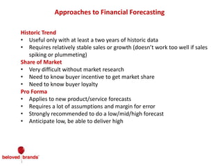 Approaches to Financial Forecasting
Historic Trend
• Useful only with at least a two years of historic data
• Requires relatively stable sales or growth (doesn’t work too well if sales
spiking or plummeting)
Share of Market
• Very difficult without market research
• Need to know buyer incentive to get market share
• Need to know buyer loyalty
Pro Forma
• Applies to new product/service forecasts
• Requires a lot of assumptions and margin for error
• Strongly recommended to do a low/mid/high forecast
• Anticipate low, be able to deliver high
 