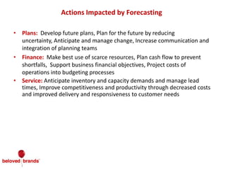 Actions Impacted by Forecasting
• Plans: Develop future plans, Plan for the future by reducing
uncertainty, Anticipate and manage change, Increase communication and
integration of planning teams
• Finance: Make best use of scarce resources, Plan cash flow to prevent
shortfalls, Support business financial objectives, Project costs of
operations into budgeting processes
• Service: Anticipate inventory and capacity demands and manage lead
times, Improve competitiveness and productivity through decreased costs
and improved delivery and responsiveness to customer needs
 