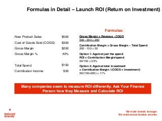 We make brands stronger.
We make brand leaders smarter.
Formulas in Detail – Launch ROI (Return on Investment)
Year 1
New Product Sales $500
Cost of Goods Sold (COGS) $300
Gross Margin $200
Gross Margin % 40%
   
Total Spend $150
Contribution Income $50
Formulas:
Gross Margin = Revenue - COGS
500 - 300 = 200
Contribution Margin = Gross Margin – Total Spend
200 - 150 = 50
Option 1: Against just the spend
ROI = Contribution Margin/spend
50/150 = 33%
Option 2: Against total investment
= Contribution Margin / (COGS + Investment)
50/(150+300) = 11%
Many companies seem to measure ROI differently. Ask Your Finance
Person how they Measure and Calculate ROI
 