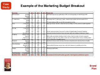Brand
Plan
Example of the Marketing Budget Breakout
Activities 2014 2015 2016 Comments
Merchandisers Artwork 68 55 50 Merchandising went up significantly in 2015, we are expecting it to hold through 2016.
Signage 200 300 300
Fees 300 500 500
TV Advertising Production 350 0 350 We make a new TV spot every 2 years, needs re-fresh behind new message for 2016
Talent 50 50 50
Media 800 850 800 TV media holding at 800, as we shift some spend to on line.
Print Production 155 200 150 Major part of plan. Decline is more that we are shifting to on line version of same magazines.
Talent 100 100 100
Media 1100 850 750
On Line Production 50 100 100
Talent 15 20 80
Media 100 260 520 On line continues to grow as we look to online to target Healthy Proactive Preventers
Social Media 20 100 200 Using social media to connect to our most loyal users and creating a following for Gray’s.
Sampling Sample costs 100 300 350
Supplier 100 100 125 Both events and retailer sampling shown to drive a high conversion of trial to usage and
Event Costs 100 400 425 becoming a Loyal user. This will be a major part of our defense plan to tie up sampling events
Retailer Costs 200 400 500 In Q1 to thwart the competitive launch.
Research Tracking 100 150 250 Significant increase due to tracking of two new competitors plus ensuring Gray’s is healthy.
Testing 100 150 250
Other Marketing Packaging 133 100 50
Sponsorship 100 500 0 Sponsorship did not pay out so it was cut to fund increases in sampling and on line.
PR costs 59 77 200
Display Artwork 80 150 150 Display up significantly
Signage 200 350 400
Fees 150 700 850
Trade Marketing Coop/Display 750 1200 1350
MARKETING BUDGET 5480 7962 8850 Increased in line with sales growth. Contingency defense spend.
Case
Study
 