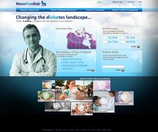 This pitch for NovoNordisk included a robust web presence to
increase knowledge about diabetes in Canada. It features an
interactive map for patients to find diabetes fairs in their
area, the ability to upload videos for community building, an
interactive journey into how diabetes affects the body, and
more. Also includes information for HCPs.
 