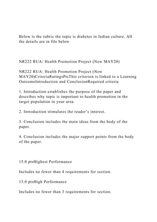 Below is the rubric the topic is diabetes in Indian culture. All
the details are in file below
NR222 RUA: Health Promotion Project (New MAY20)
NR222 RUA: Health Promotion Project (New
MAY20)CriteriaRatingsPtsThis criterion is linked to a Learning
OutcomeIntroduction and ConclusionRequired criteria
1. Introduction establishes the purpose of the paper and
describes why topic is important to health promotion in the
target population in your area.
2. Introduction stimulates the reader’s interest.
3. Conclusion includes the main ideas from the body of the
paper.
4. Conclusion includes the major support points from the body
of the paper.
15.0 ptsHighest Performance
Includes no fewer than 4 requirements for section.
13.0 ptsHigh Performance
Includes no fewer than 3 requirements for section.
 